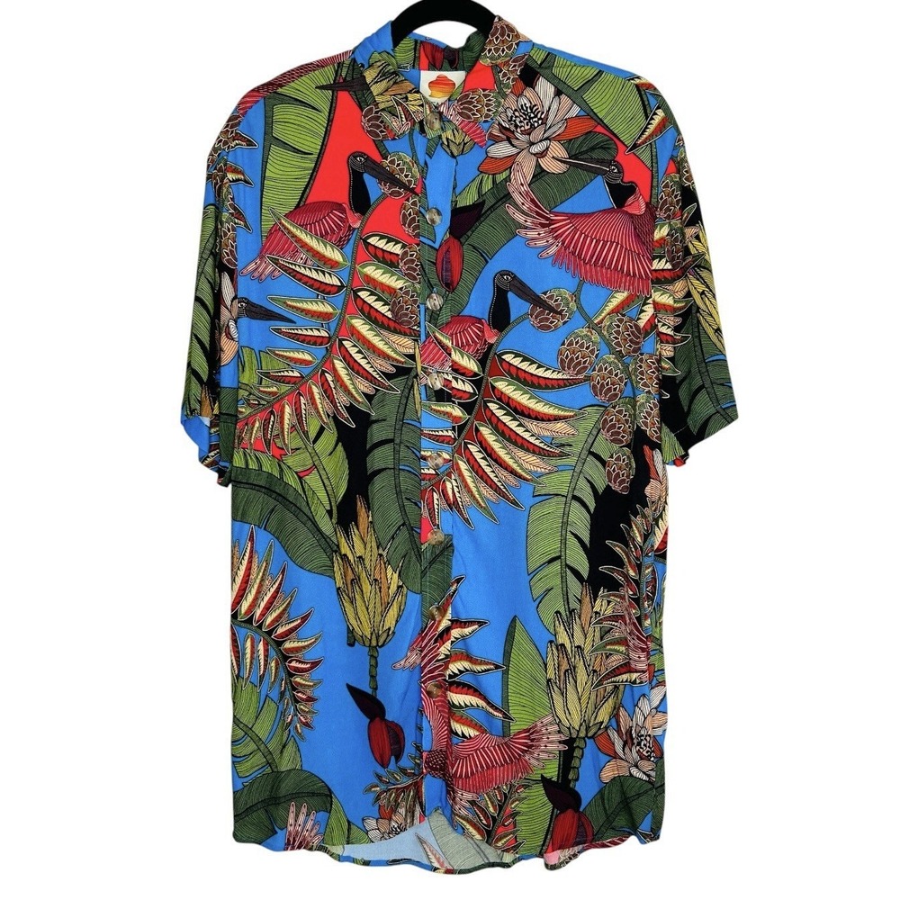 Farm Rio Tuiuiu Tropical Relaxed Shirt Large 44" Chest Hawaiian Resort Short Sl